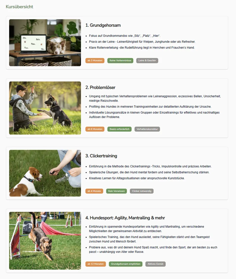Übersicht der Trainingsangebote und Kurse der Hundeschule
